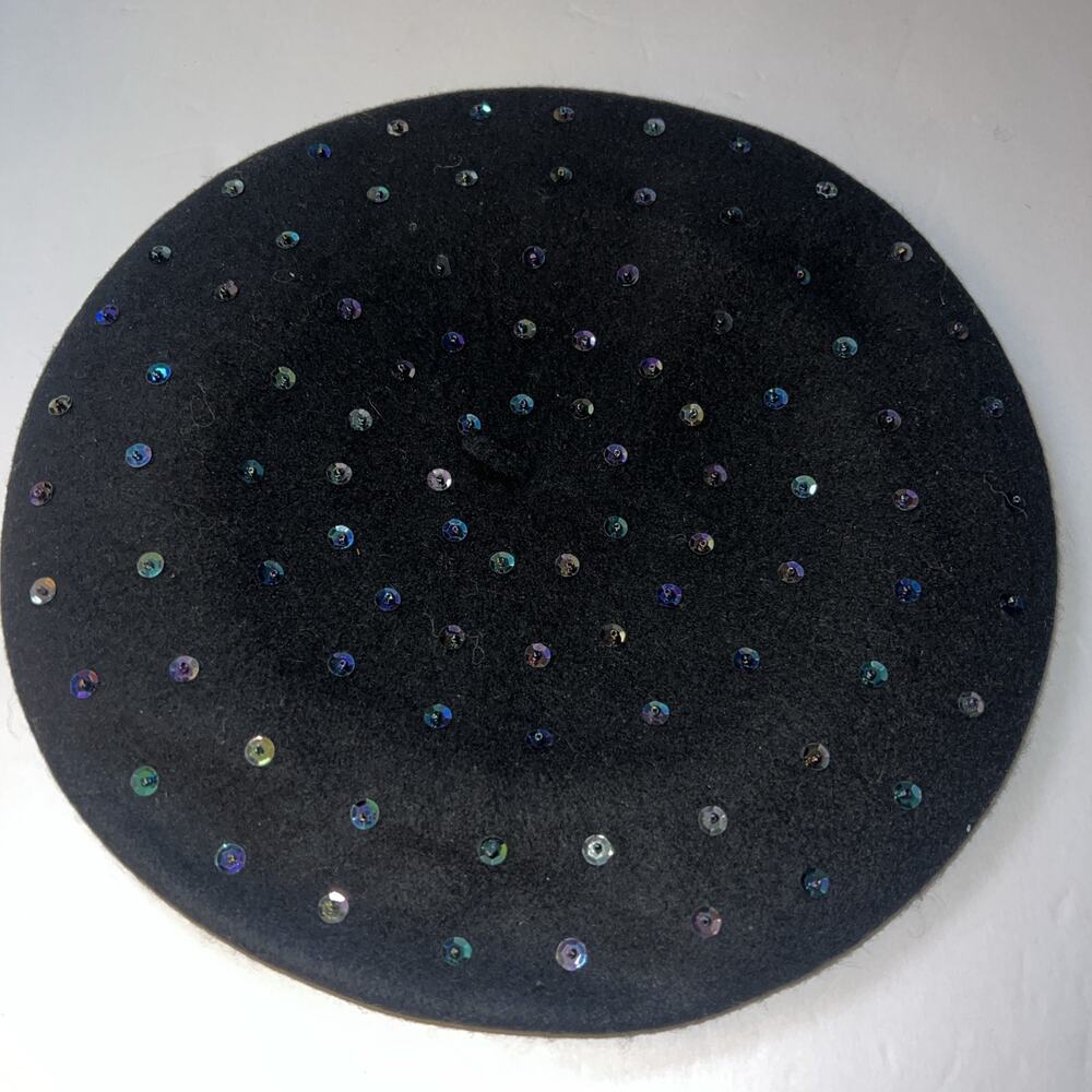 Black Sequin Beret Hat Filippo Catarzi 100% Wool One Size 11" Diam Women's Italy
